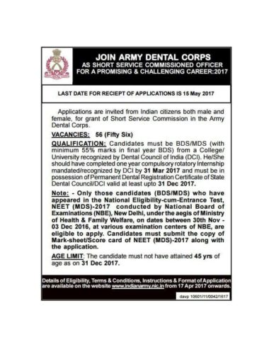 Applications For Army SSC invited from 17-04-2017